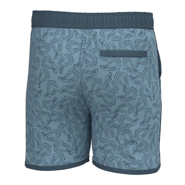 Blue shorts with oyster pattern on a white background