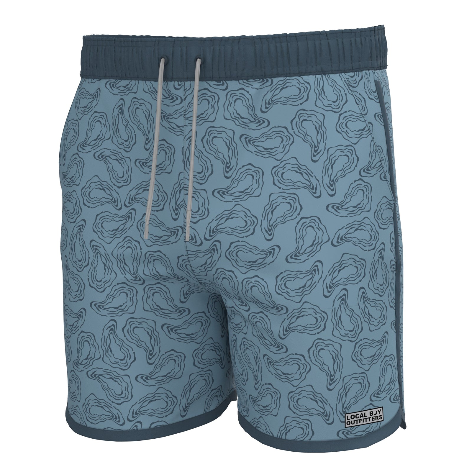 Blue swim shorts with oyster pattern on a white background