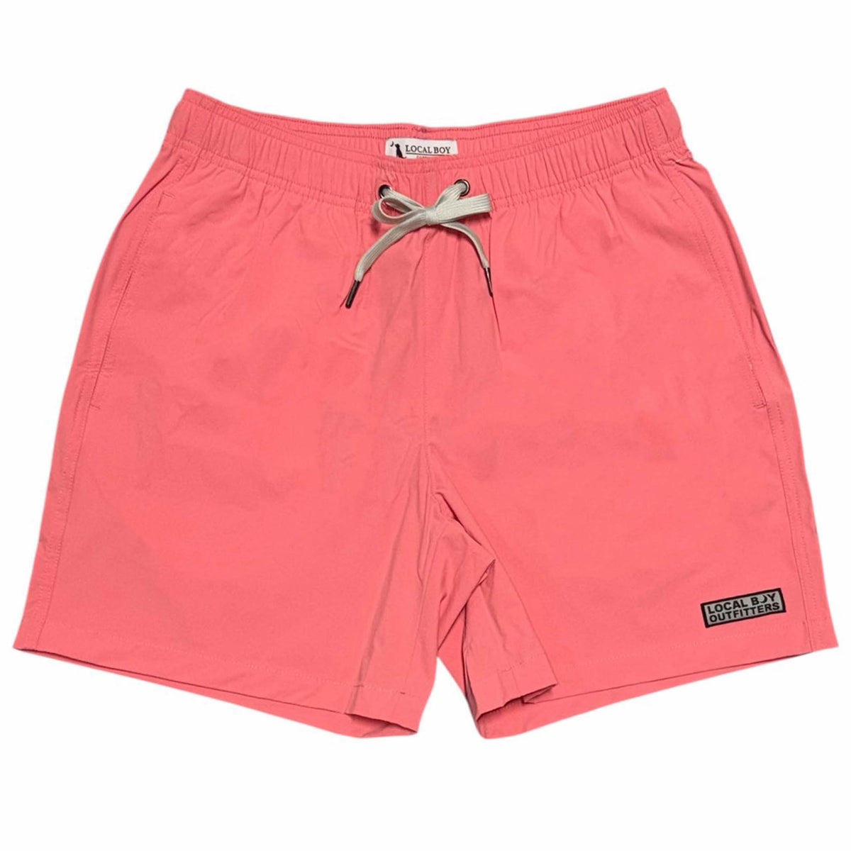 Local Boy Outfitters Men's Bayview swim shorts in bright coral with drawstring waist and two front pockets