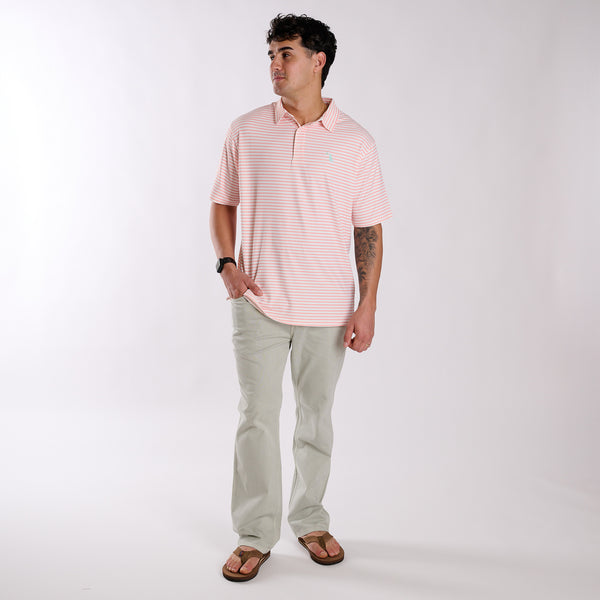 Man wearing a pink striped polo shirt and light gray pants on a white background