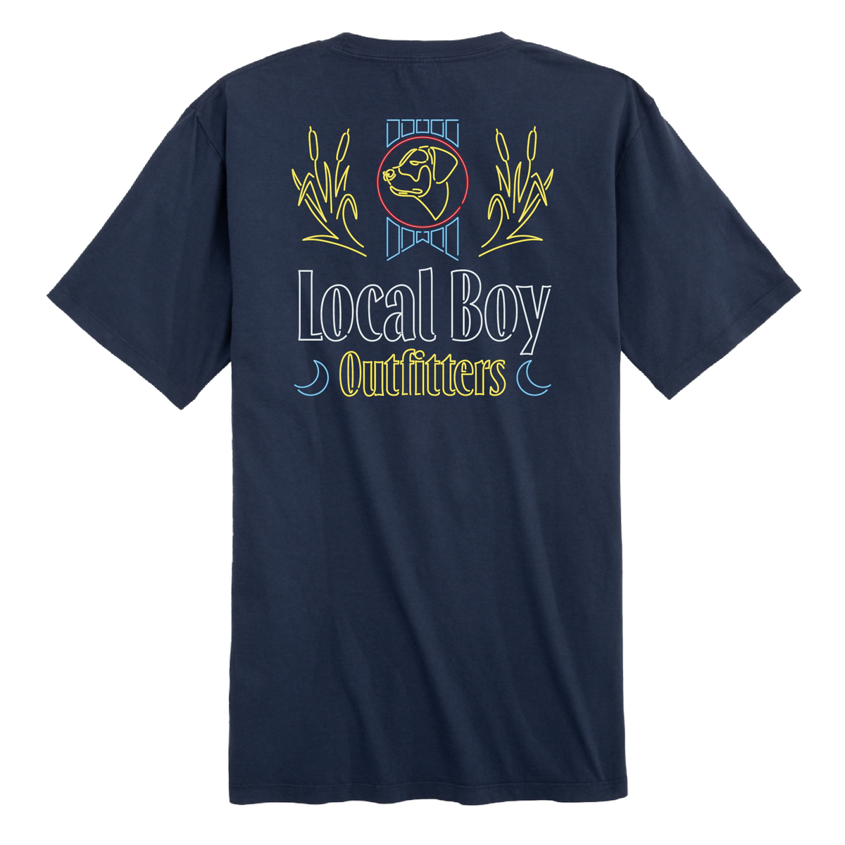 Local Boy Outfitters short sleeve t-shirt in classic navy featuring a large back graphic with a neon-style dog emblem, cattail accents, and “Local Boy Outfitters” text in bright yellow and blue.