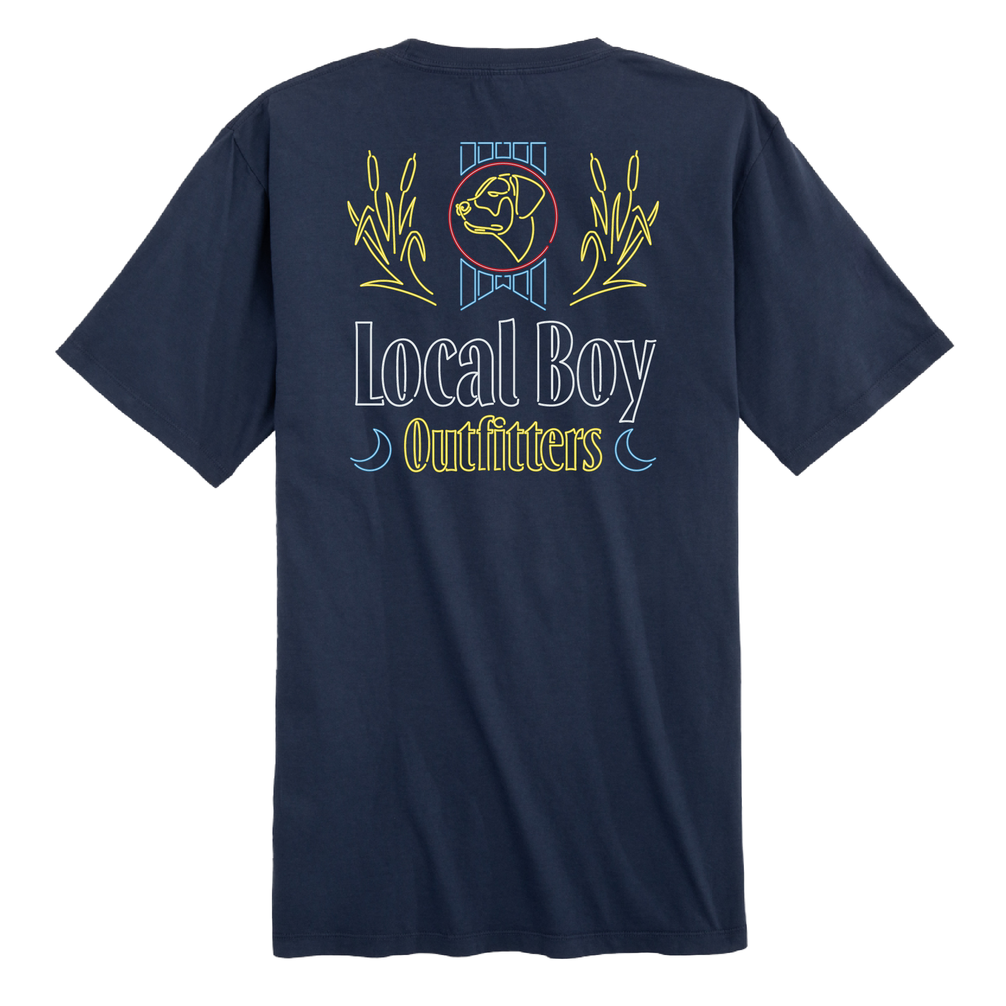 Local Boy Outfitters short sleeve t-shirt in classic navy featuring a large back graphic with a neon-style dog emblem, cattail accents, and “Local Boy Outfitters” text in bright yellow and blue.