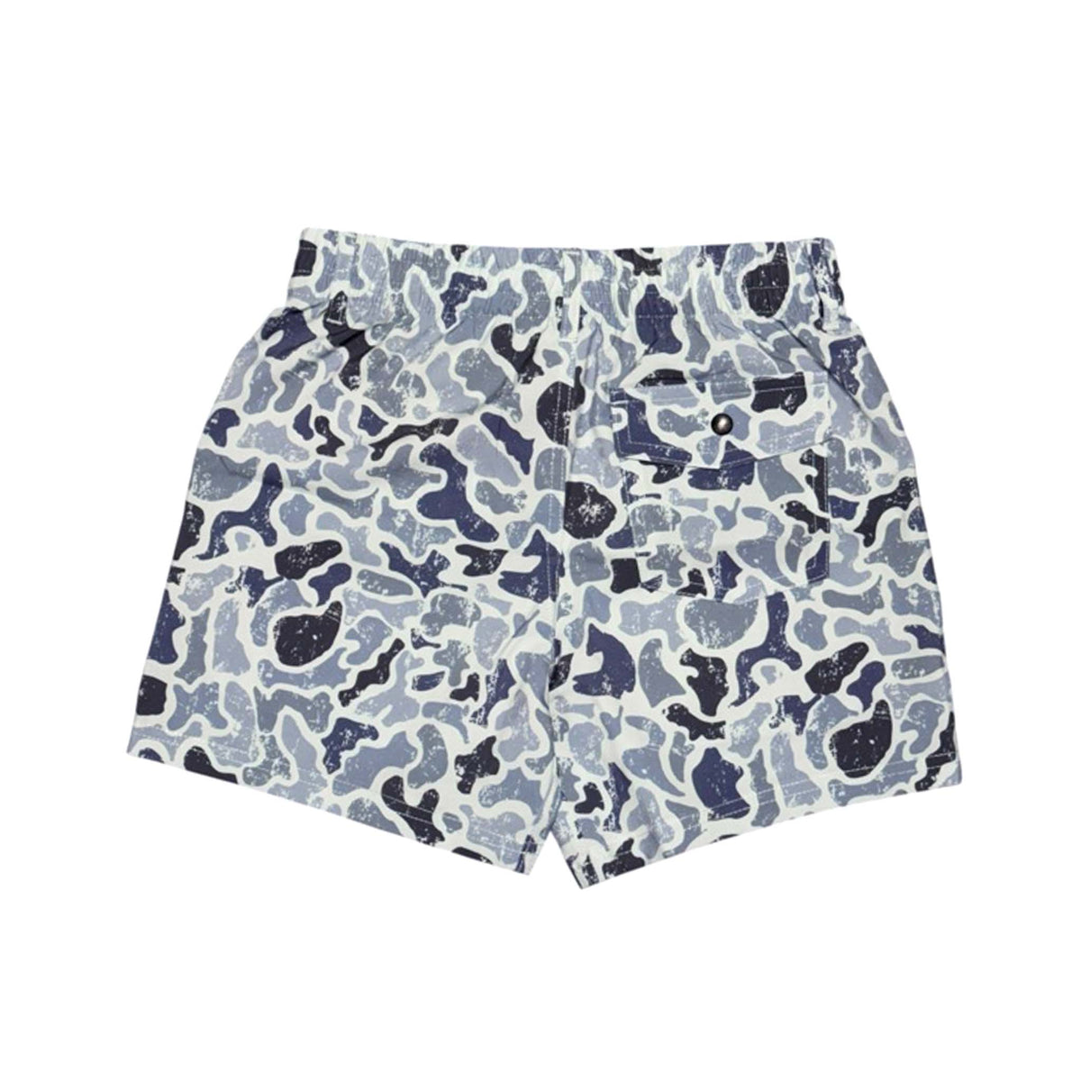 back of Local Boy Outfitters Youth Volley Shorts in distressed localflage cobalt showing one back pocket with snap closure 