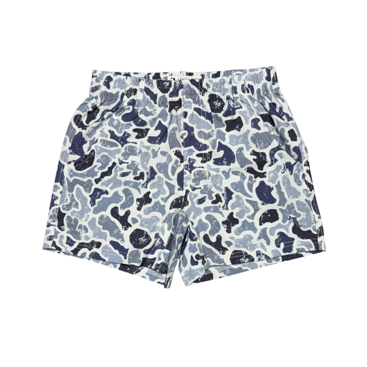 Front of Local Boy Outfitters Youth Volley Shorts in distressed localflage cobalt with elastic waist and two pockets