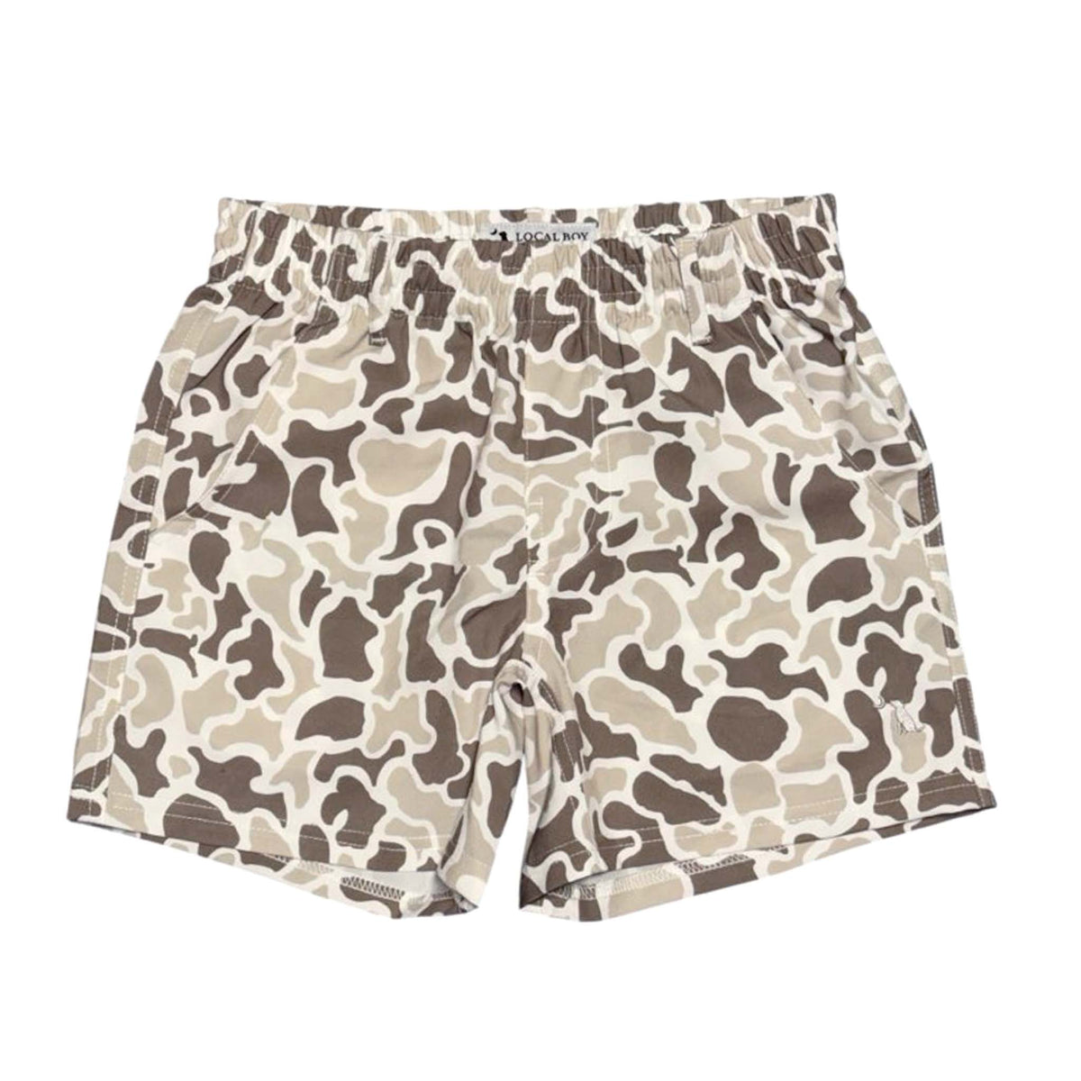 Front of Local Boy Outfitters Youth Volley Shorts in palmettoflage with elastic waist and two pockets