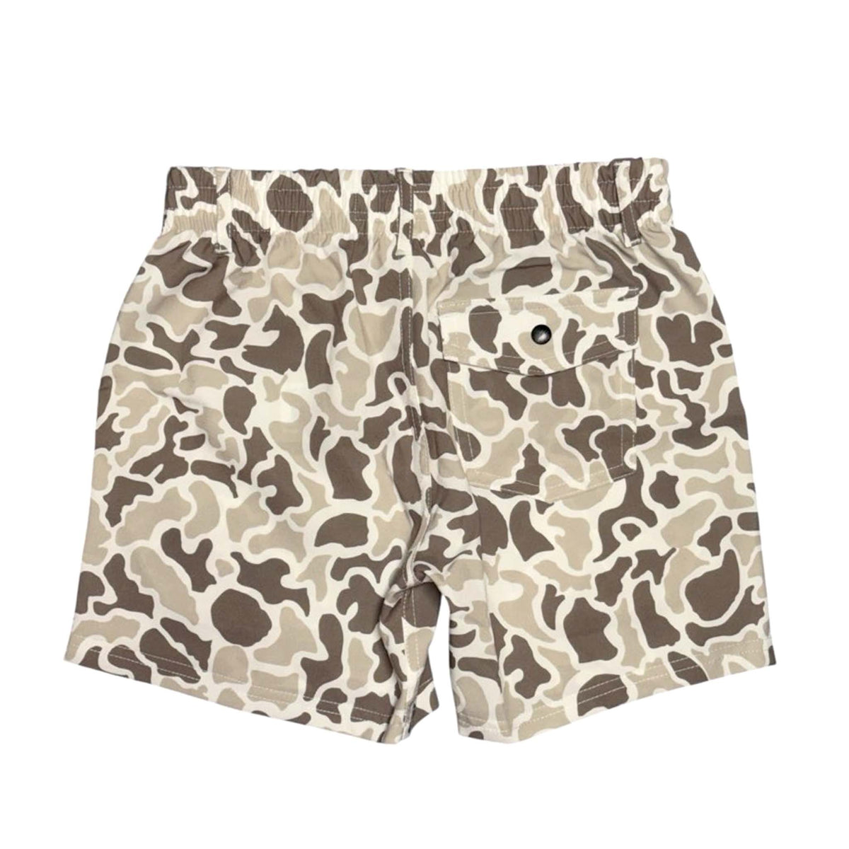 back of Local Boy Outfitters Youth Volley Shorts in palmettoflage with elastic waist and one snap pocket