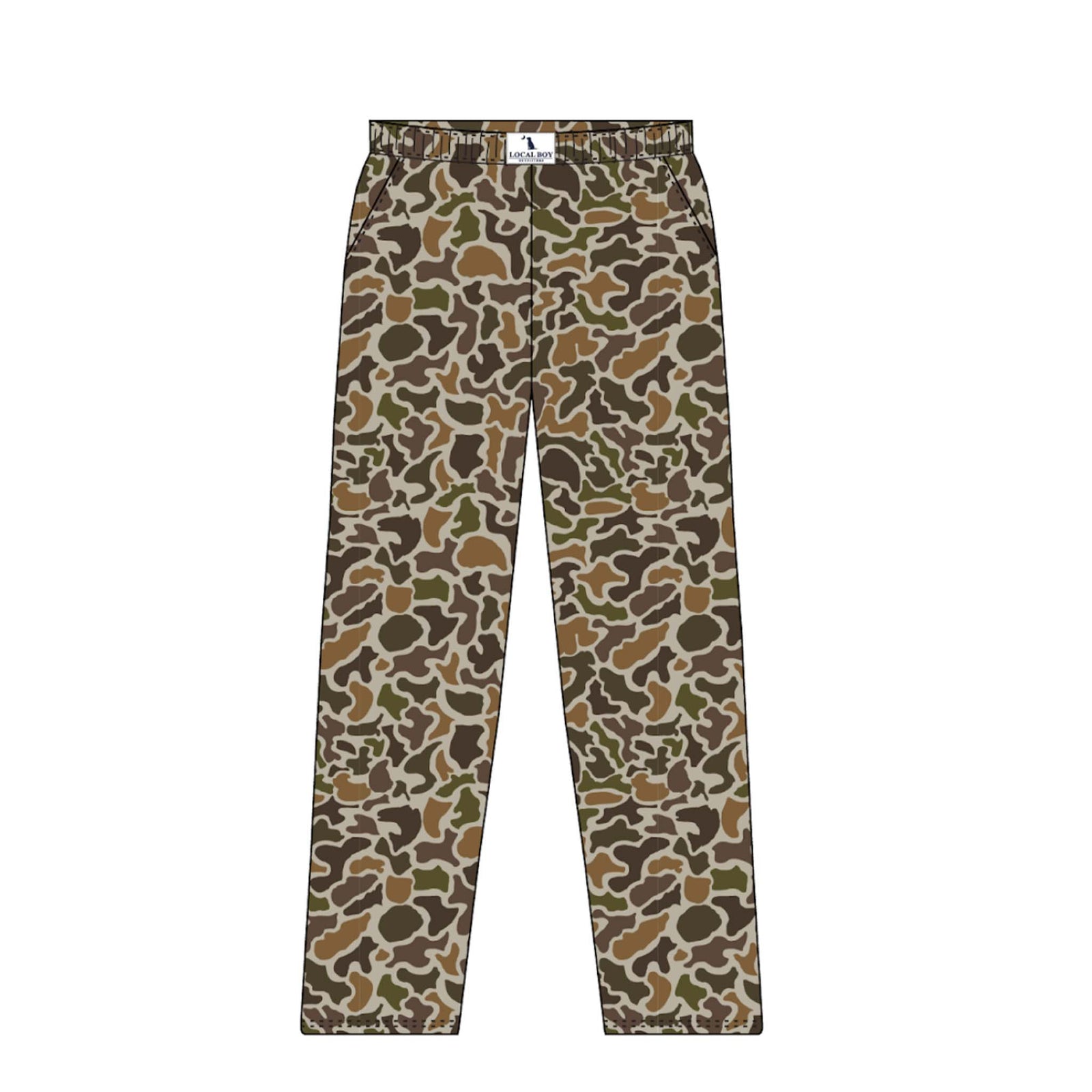 Camouflage-patterned pants on a white background