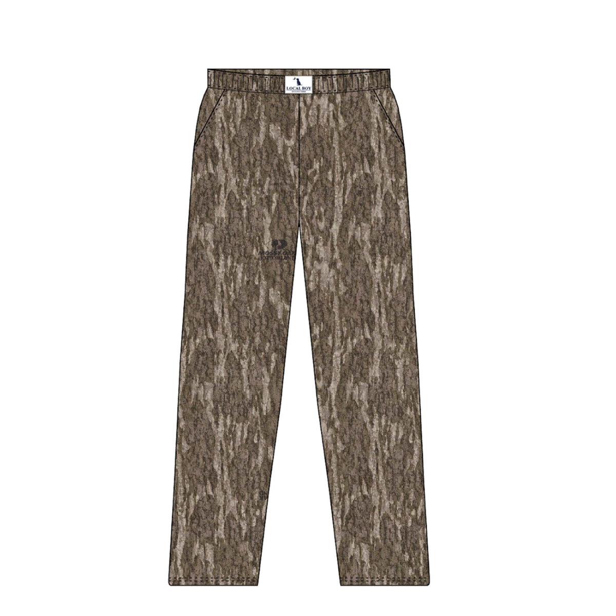 Camouflage pants with a brand logo on a white background