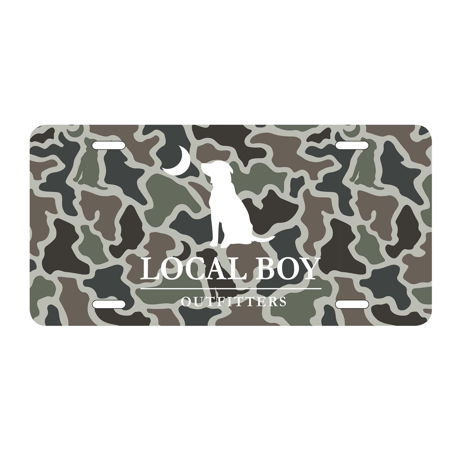 Local Boy Outfitters license plate with camouflage background, white dog silhouette facing crescent moon, and "Local Boy Outfitters" text centered below.