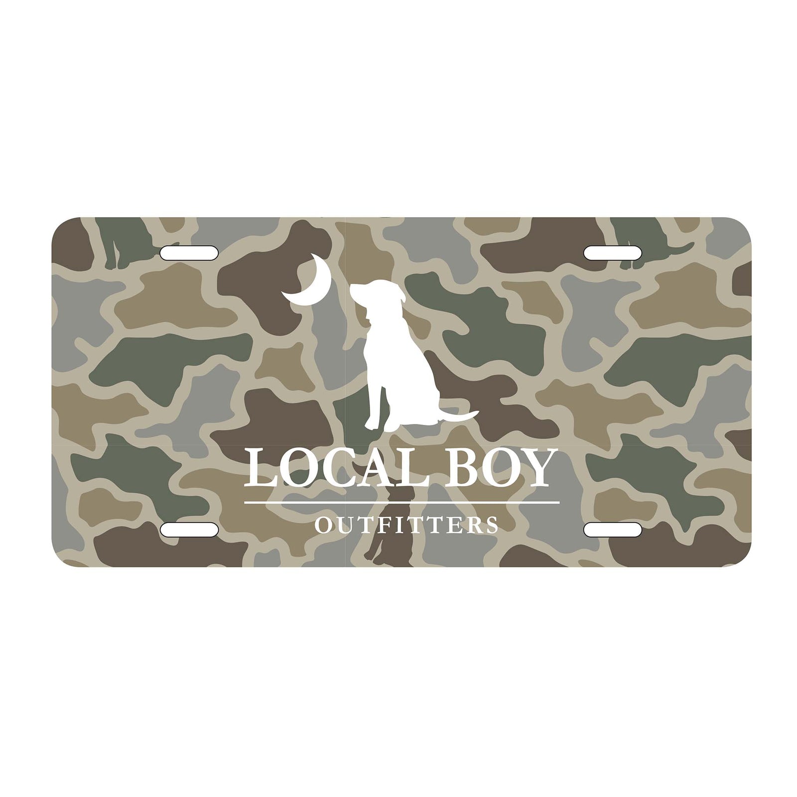 Local Boy Outfitters license plate with camouflage background, white dog silhouette facing crescent moon, and "Local Boy Outfitters" text centered below.