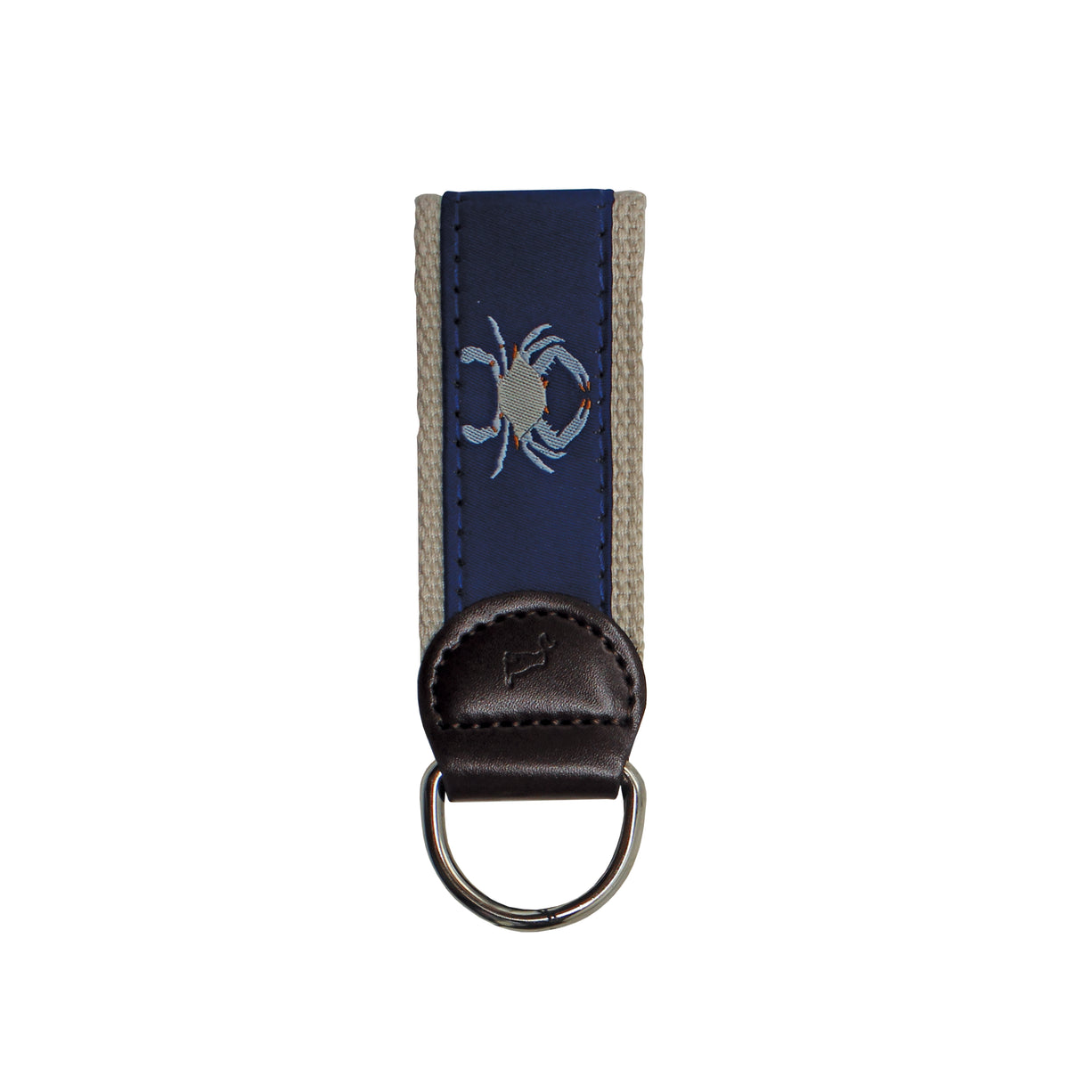 Keychain with blue strap and white crab design displayed on a white background