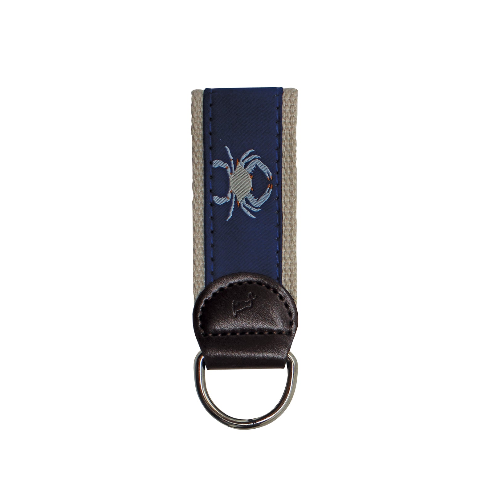 Keychain with blue strap and white crab design displayed on a white background