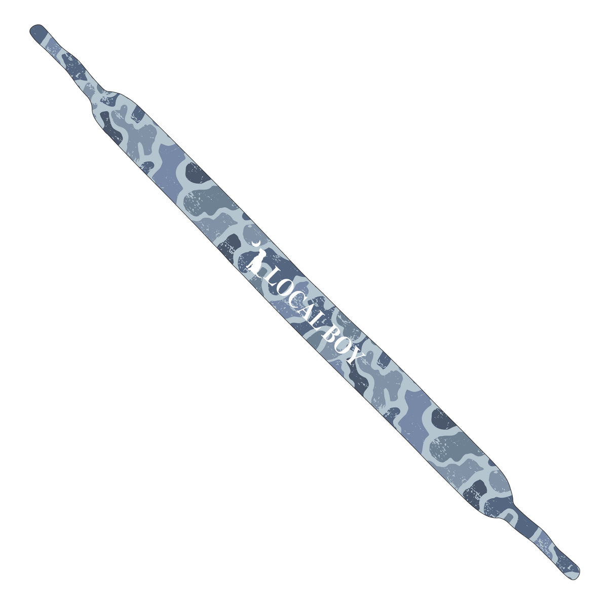 Blue camouflage-patterned sunglass strap with 'Local Boy Outfitters' branding on a white background