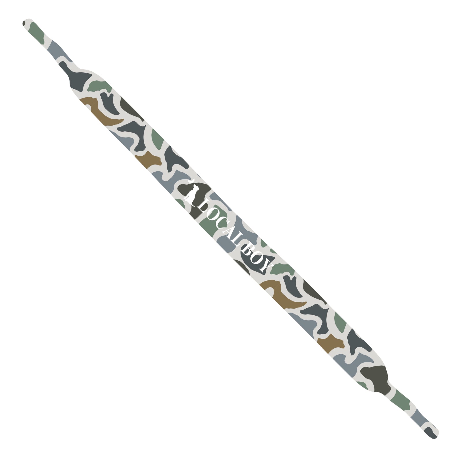 Camouflage-patterned sunglass strap with Local Boy Outfitters branding in the middle shown on a white background