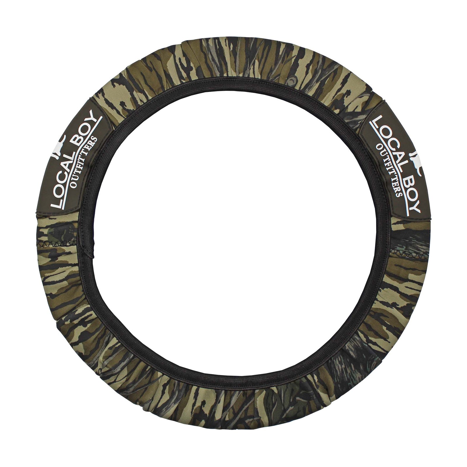 Camouflage-patterned steering wheel cover with 'Local Boy Outfitters' branding on a white background