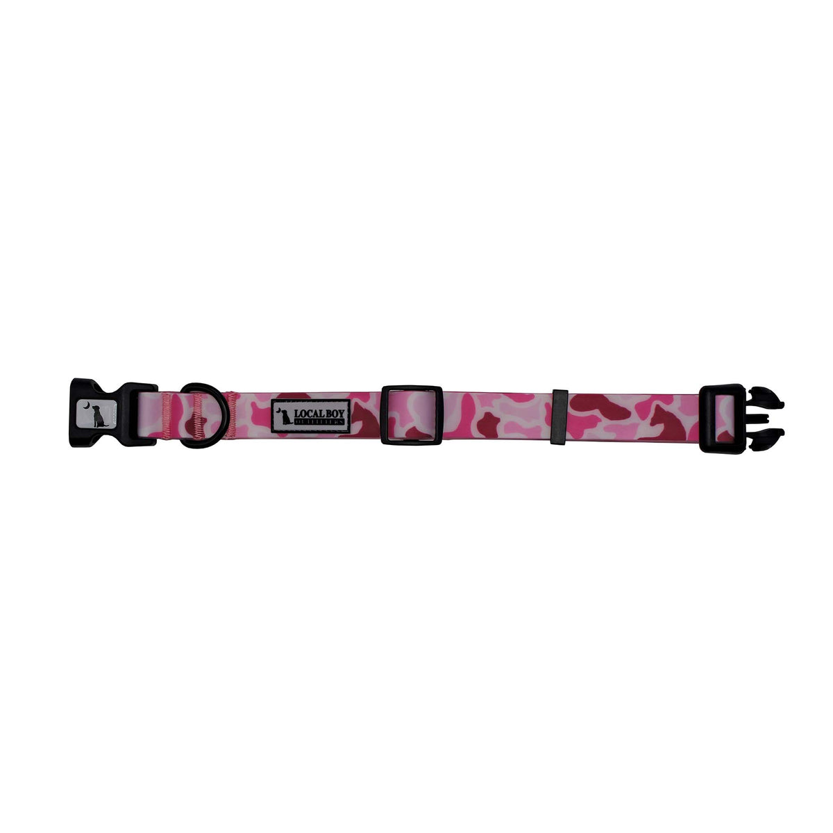 Pink camo dog collar with black plastic buckle, black D-ring, and adjustable sizing, featuring Local Boy Outfitters logo patch.