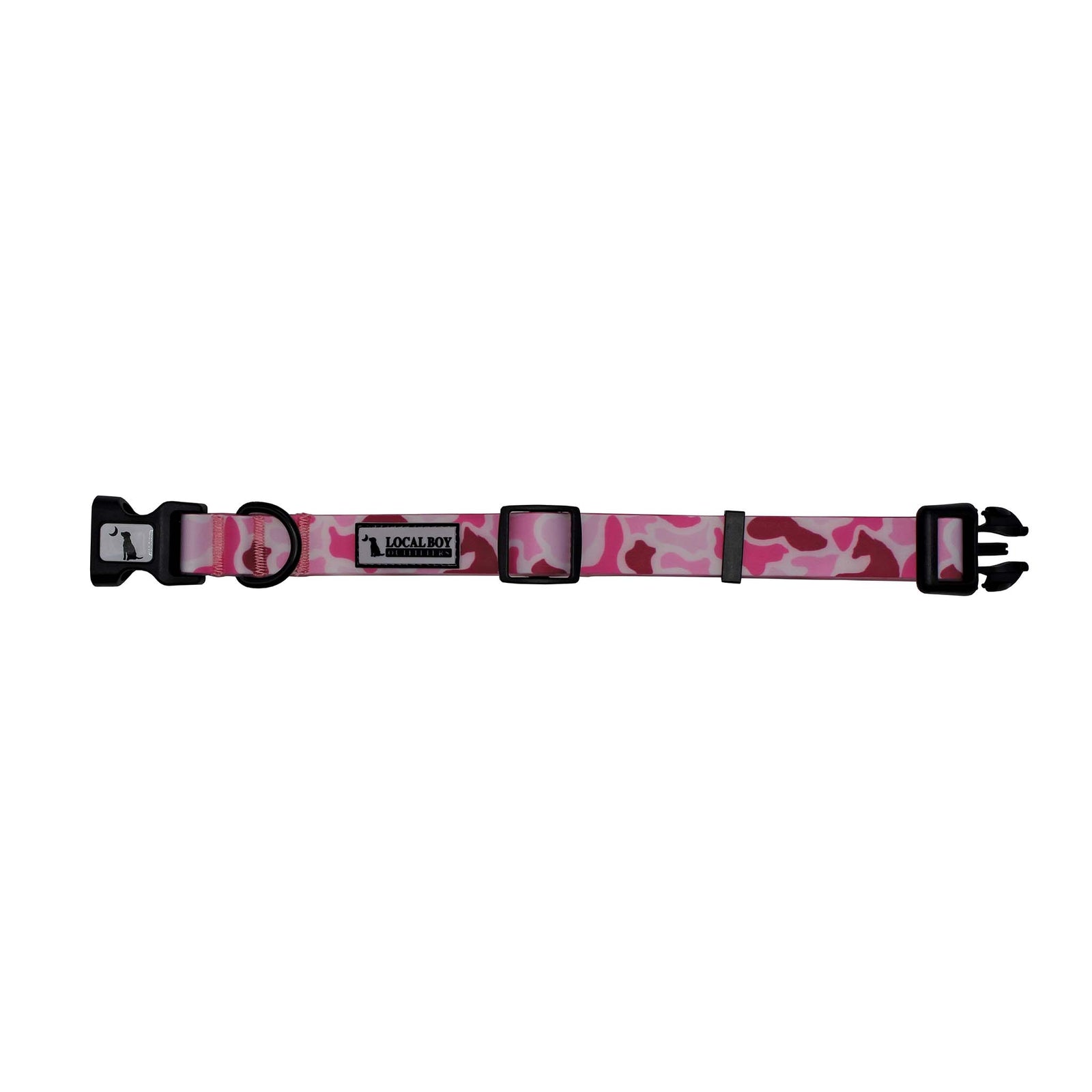 Pink camo dog collar with black plastic buckle, black D-ring, and adjustable sizing, featuring Local Boy Outfitters logo patch.