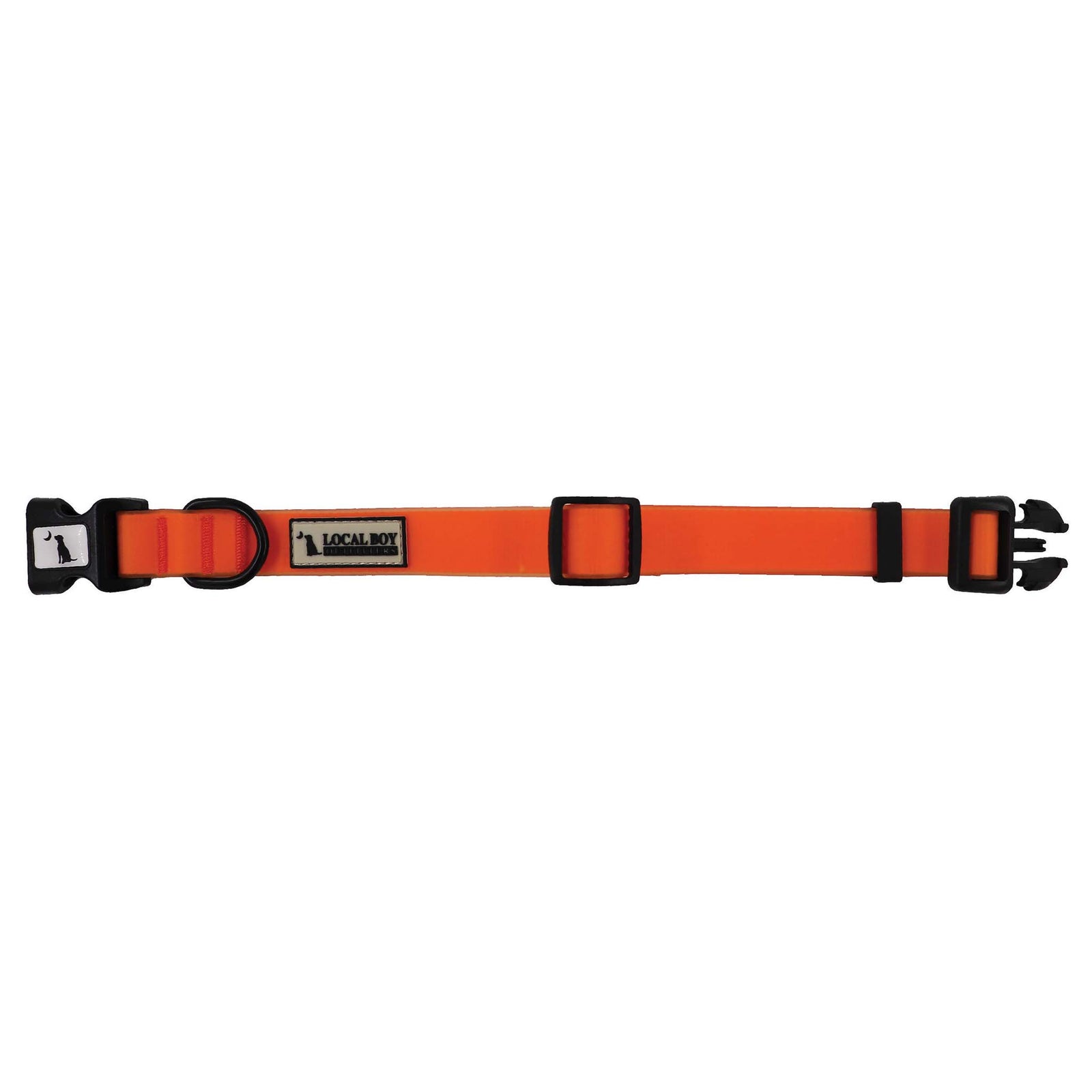 Bright orange dog collar with black buckle, black D-ring, adjustable strap, and Local Boy Outfitters logo patch on the side.
