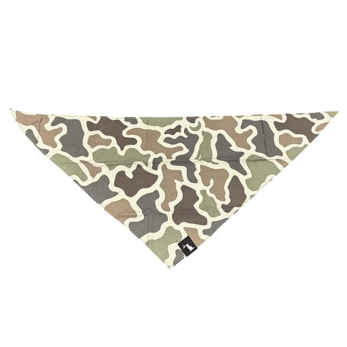 Triangular dog bandana with tan, olive green, and brown camouflage print and Local Boy Outfitters dog logo tag on the edge.