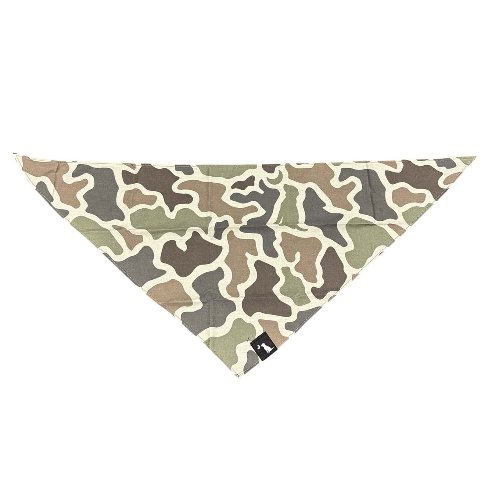 Triangular dog bandana with tan, olive green, and brown camouflage print and Local Boy Outfitters dog logo tag on the edge.
