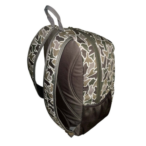 Rear view of the Duck Camo backpack with padded shoulder straps and reinforced back panel.