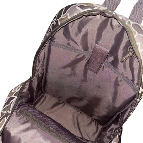 Interior view of the Duck Camo backpack showing the padded laptop sleeve and zippered mesh organizer pocket.