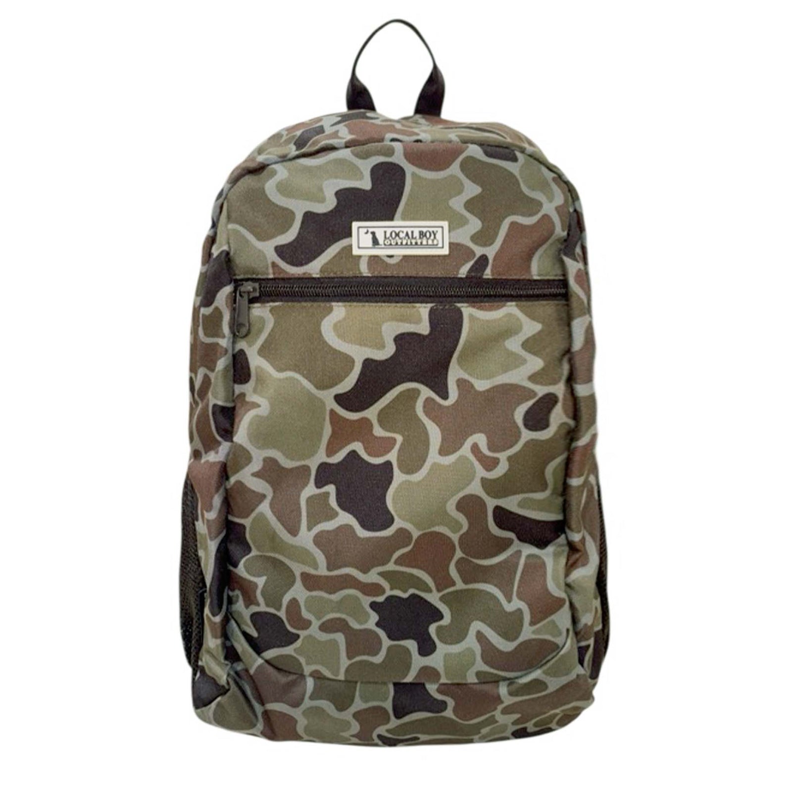 Front view of the Local Flag Geo Camo backpack with logo patch and front zip pocket.