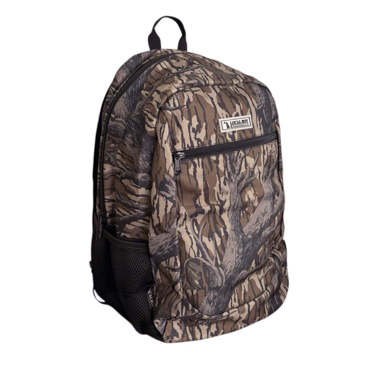 Local Boy Outfitters backpack in Treestand camo, angled front view showing front zip pocket, logo patch, and side mesh pocket.