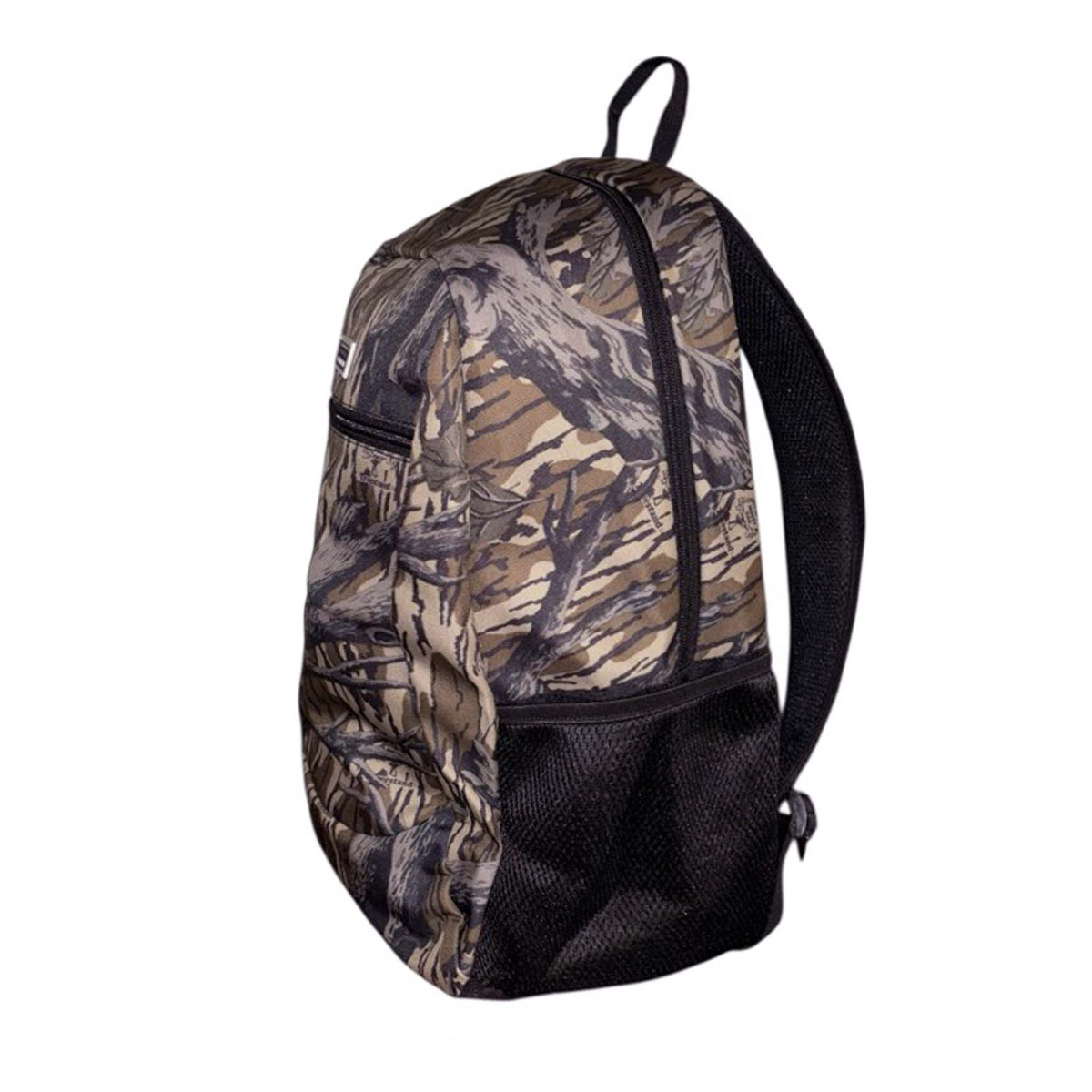 Side view of the Local Boy Outfitters Treestand camo backpack highlighting the mesh side pocket and camo detail.