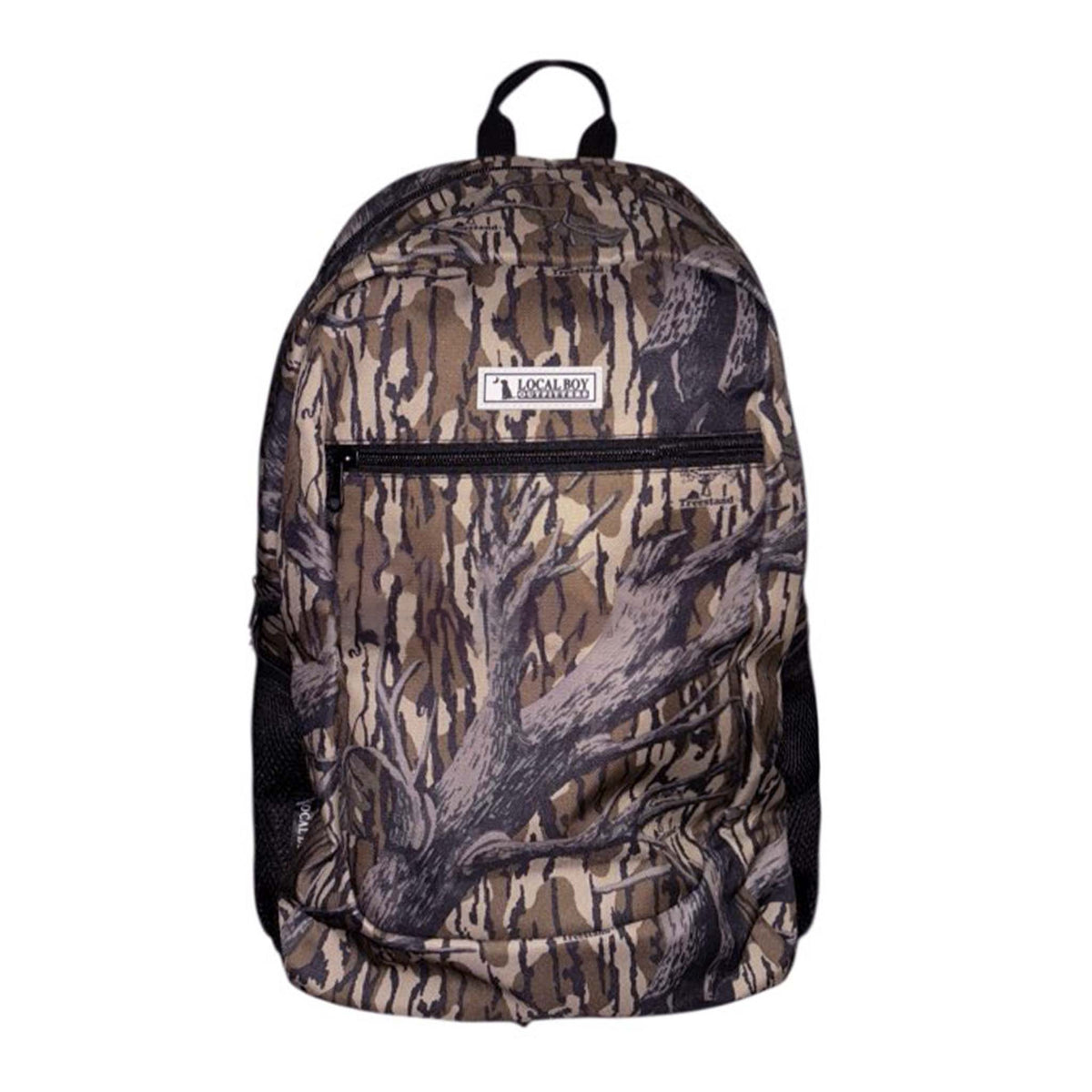 Front view of the Local Boy Outfitters Treestand camo backpack with full visibility of the front pocket and logo patch.