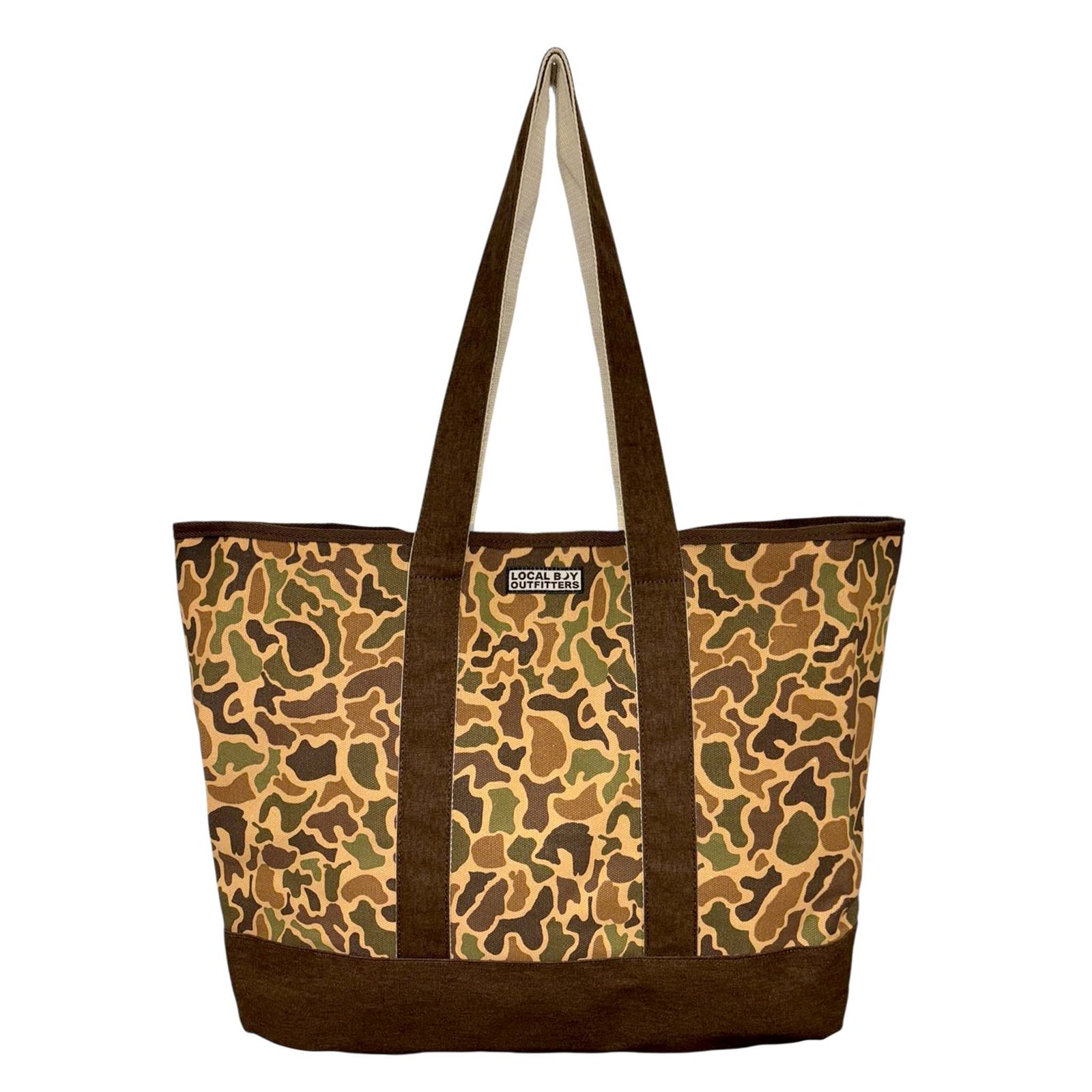 Front view of Local Boy Outfitters tote bag with brown, green, and tan camouflage pattern and solid brown base.