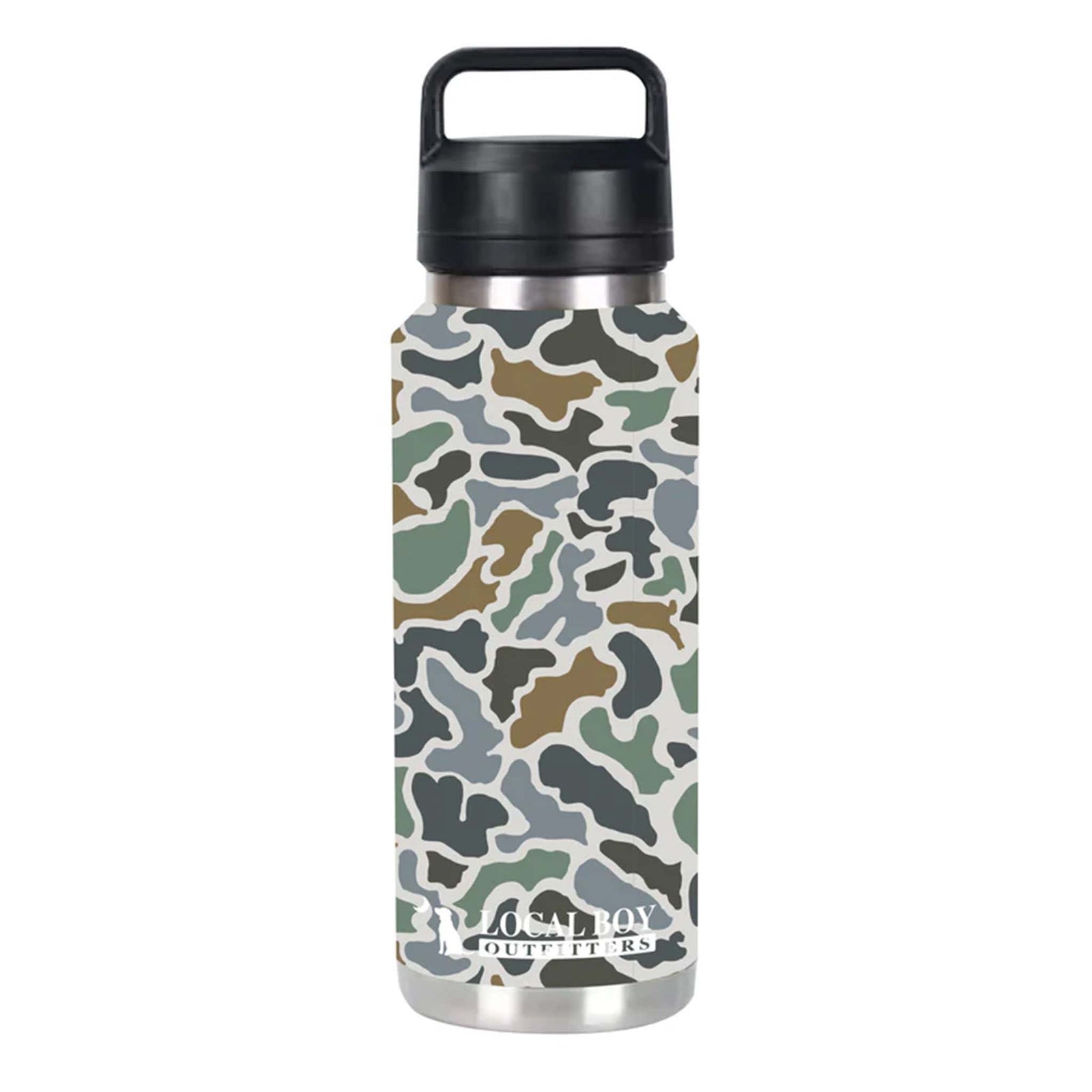 Local Boy Outfitters 26oz insulated bottle in a teal, gray, and olive camo pattern with black handled lid and silver base.