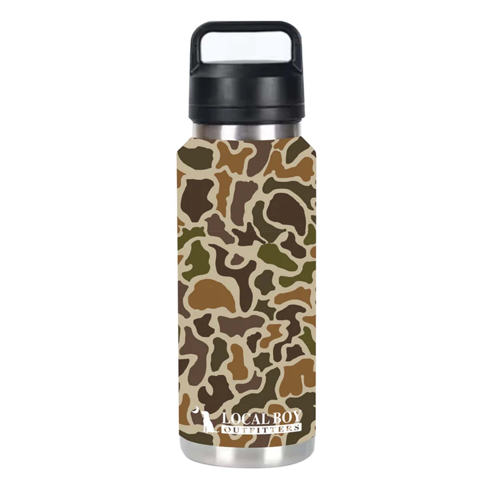 Local Boy Outfitters 26oz insulated bottle featuring a brown, green, and tan camo design with black handled lid and silver base.
