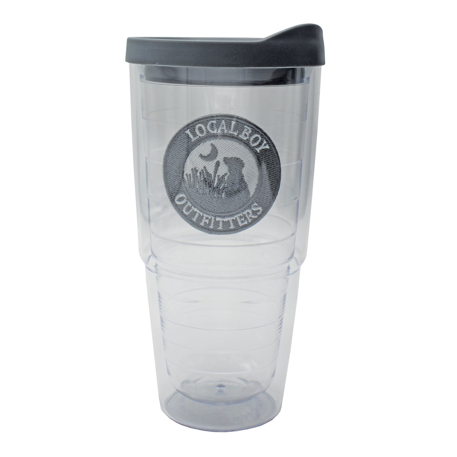 Local Boy outfitters 22oz insulated plastic tumbler including lid with an embroidered Local Boy Outfitters logo in between the plastic