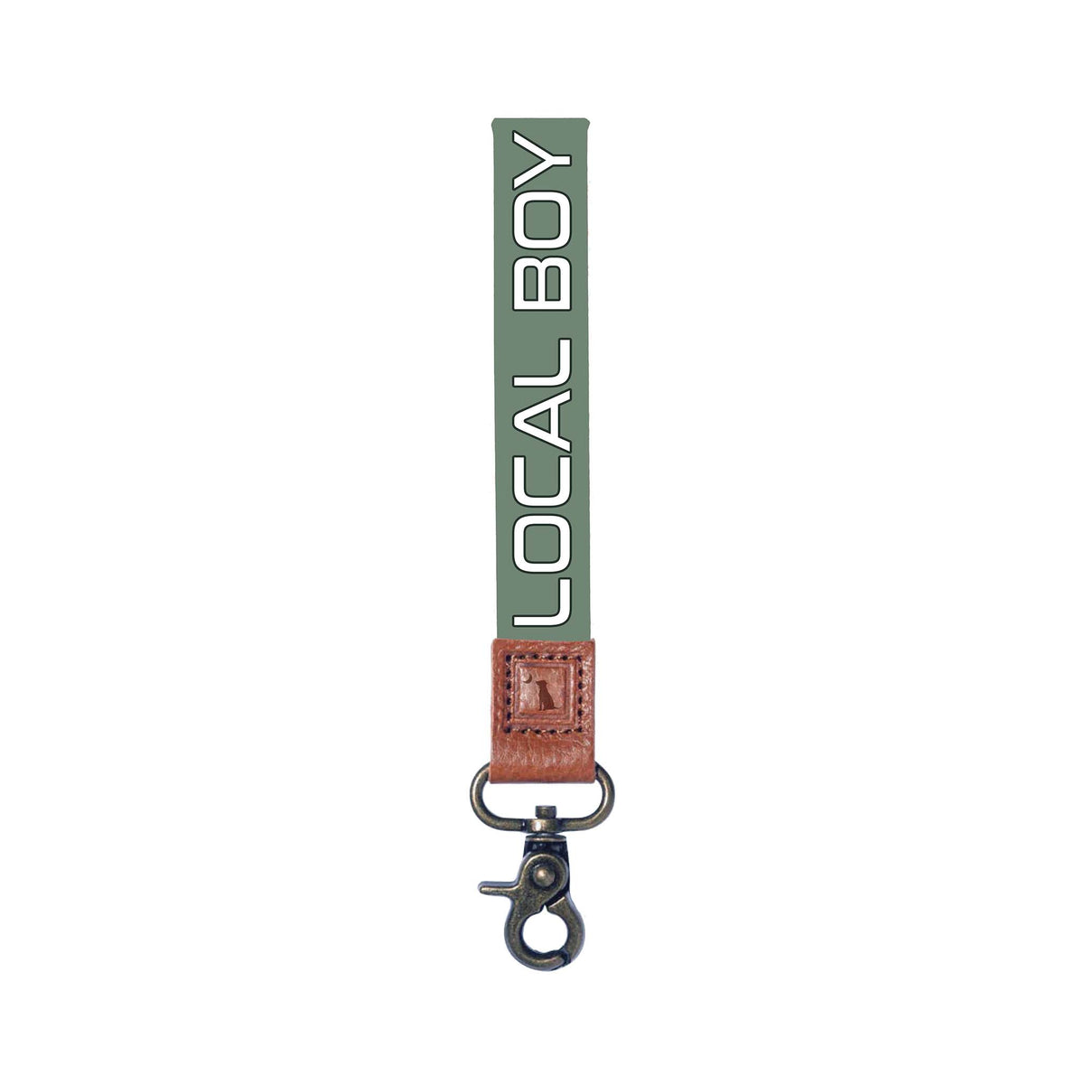 Local Boy sage green full-length lanyard with white block text and brown leather attachment with metal clasp