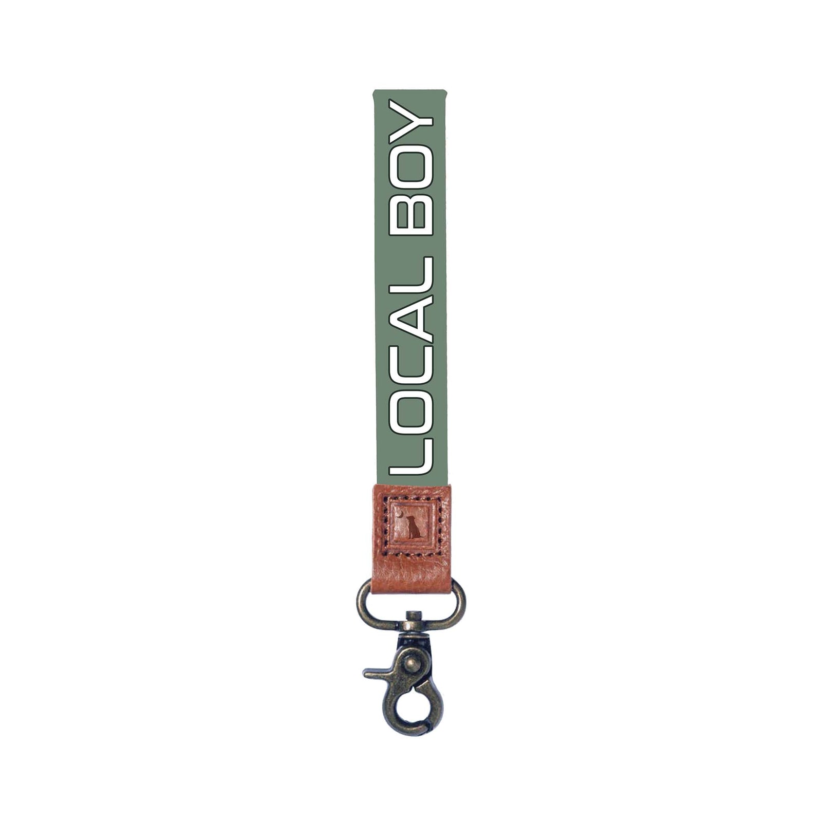 Local Boy sage green full-length lanyard with white block text and brown leather attachment with metal clasp
