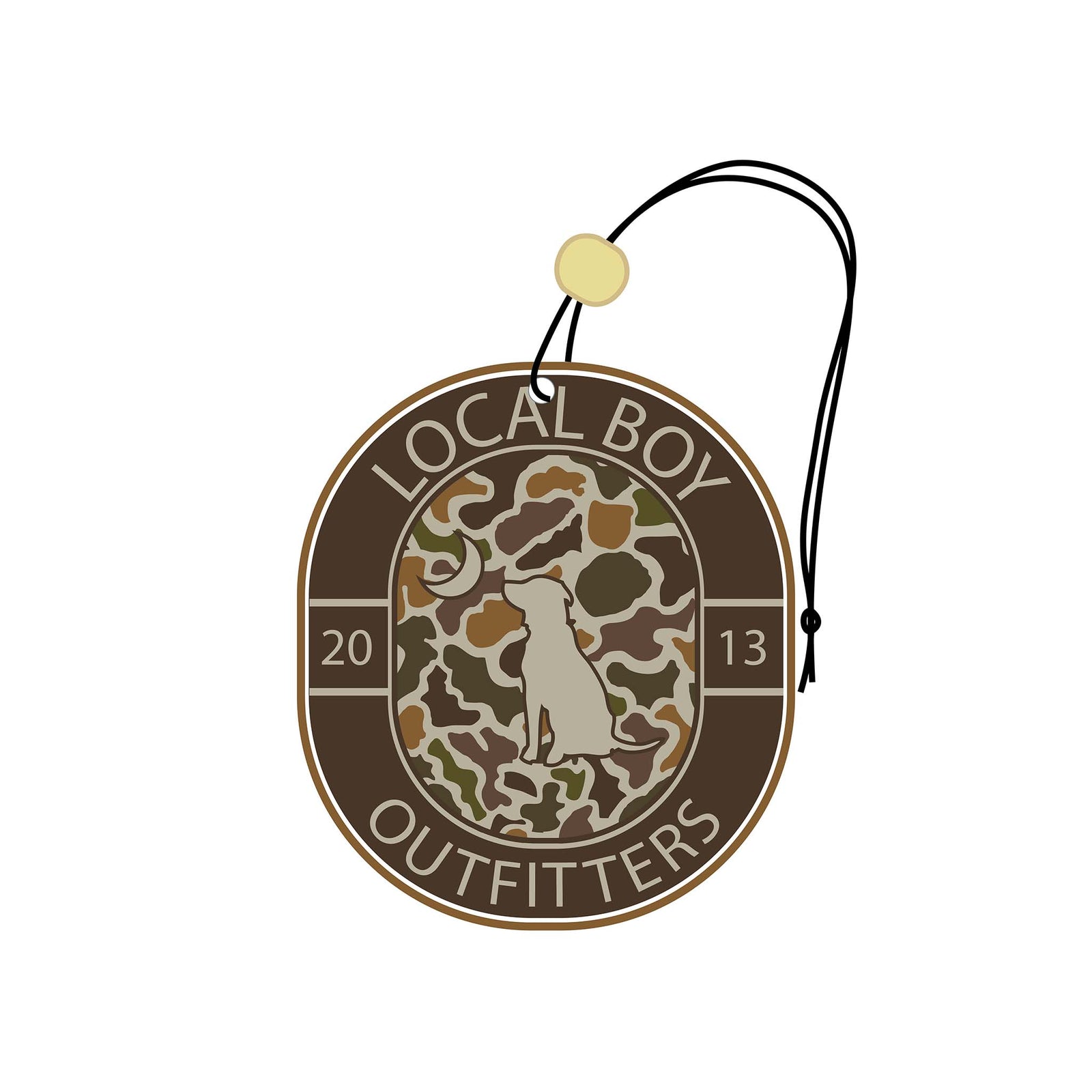 Circular logo with camouflage design and text 'Local Boy Outfitters' on a white background