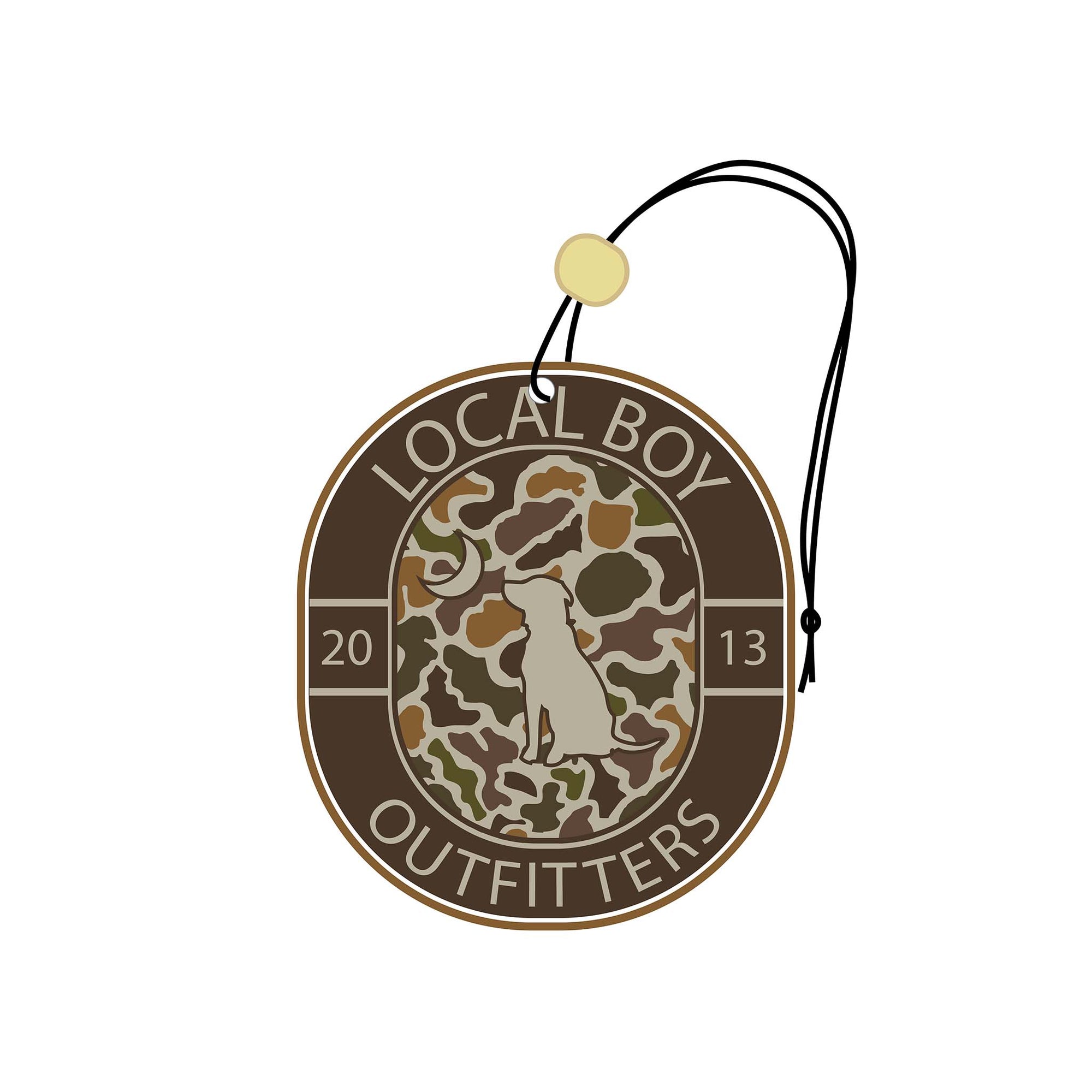 Circular logo with camouflage design and text 'Local Boy Outfitters' on a white background
