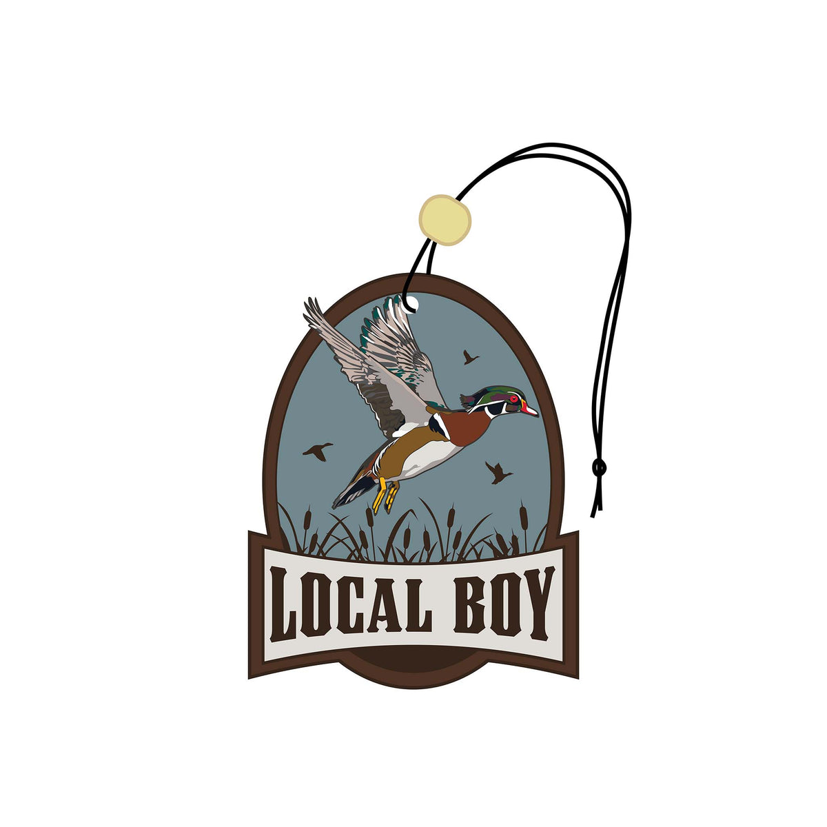 Flying duck car air freshener with Local Boy text at the bottom.