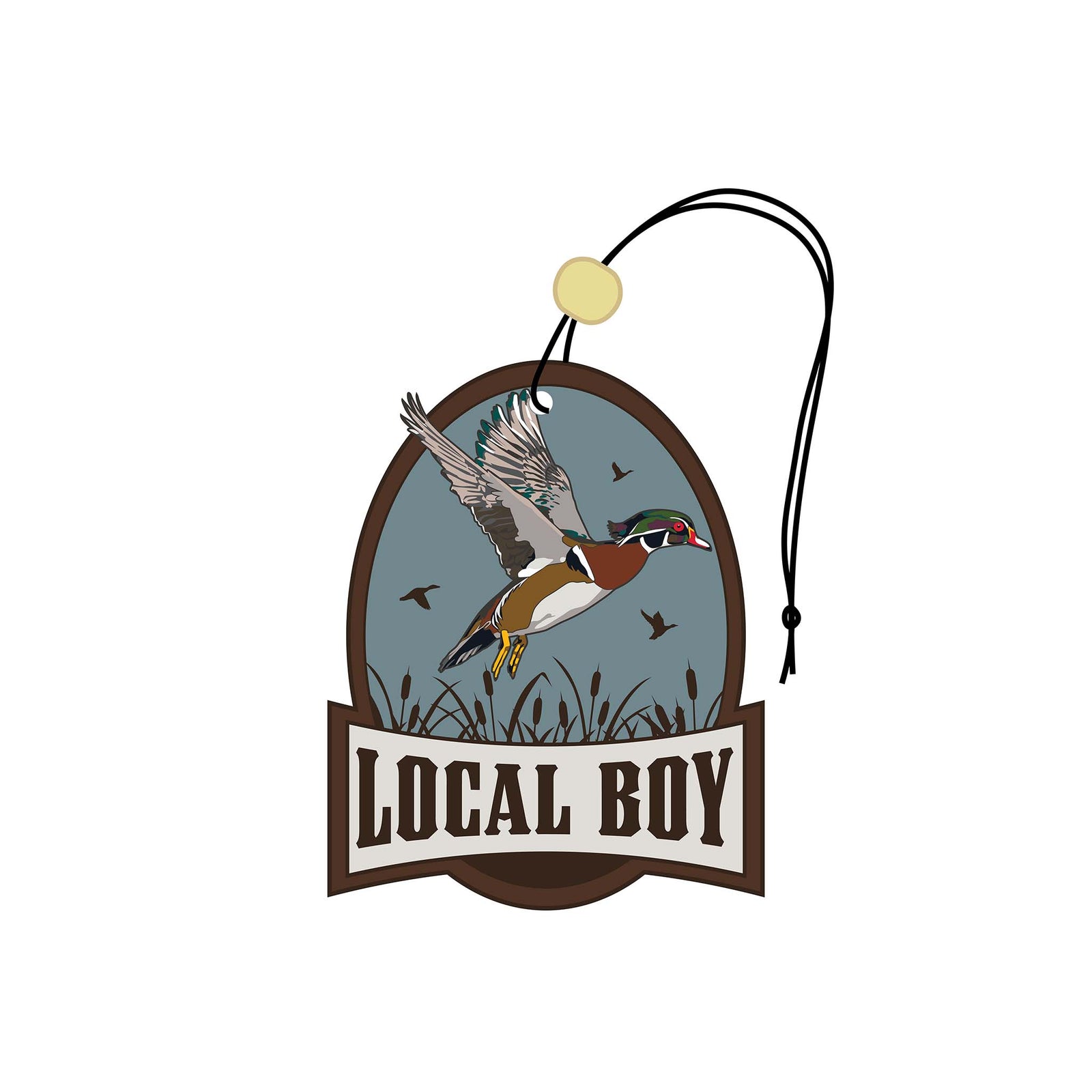 Flying duck car air freshener with Local Boy text at the bottom.