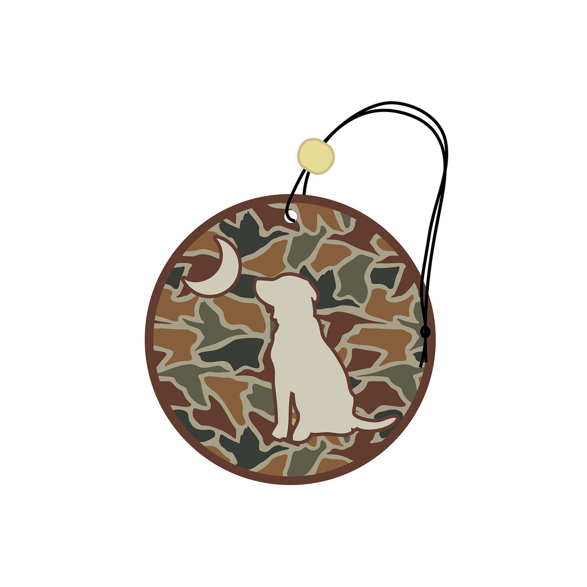 Camouflage-patterned car air freshener with a dog silhouette on a white background