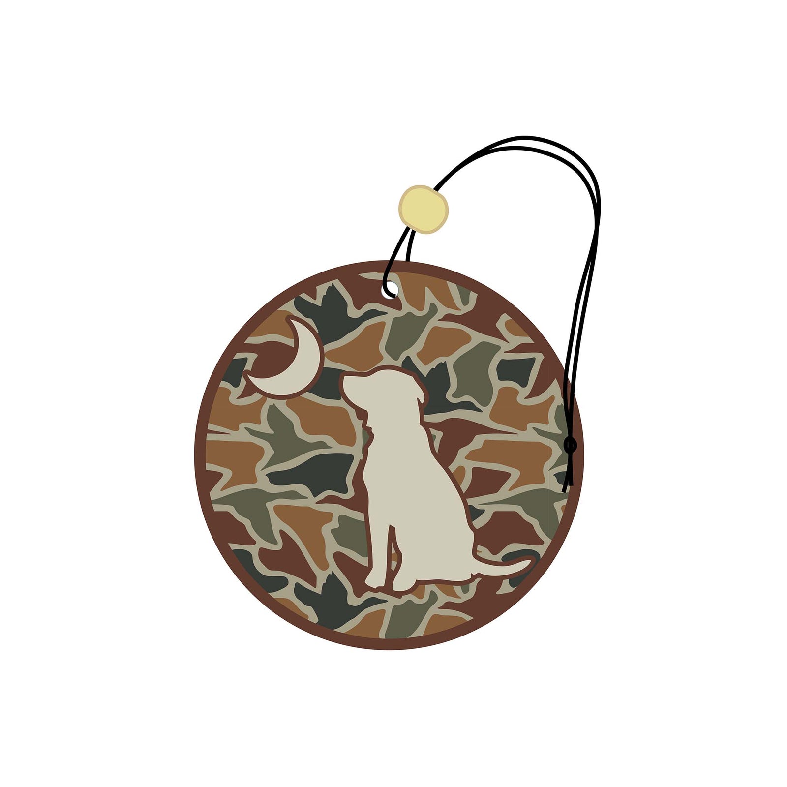 Camouflage-patterned car air freshener with a dog silhouette on a white background