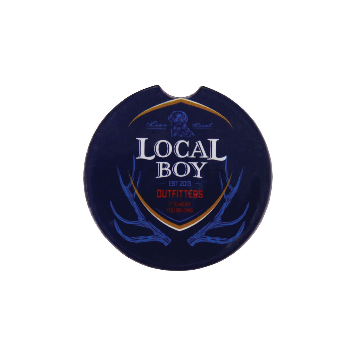 Navy blue car coaster with 'Local Boy Outfitters' branding on a white background