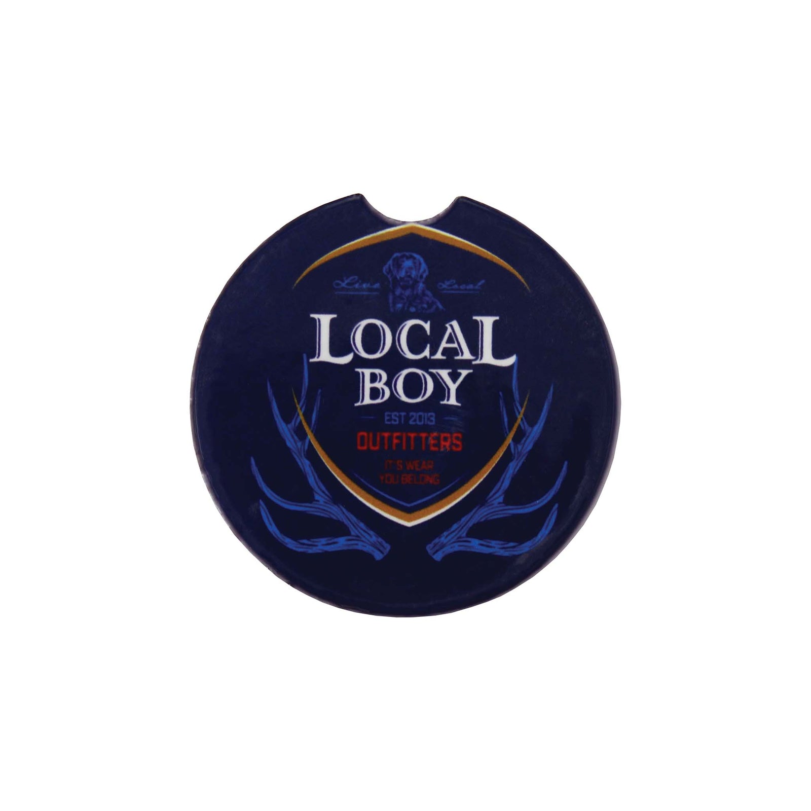 Navy blue car coaster with 'Local Boy Outfitters' branding on a white background