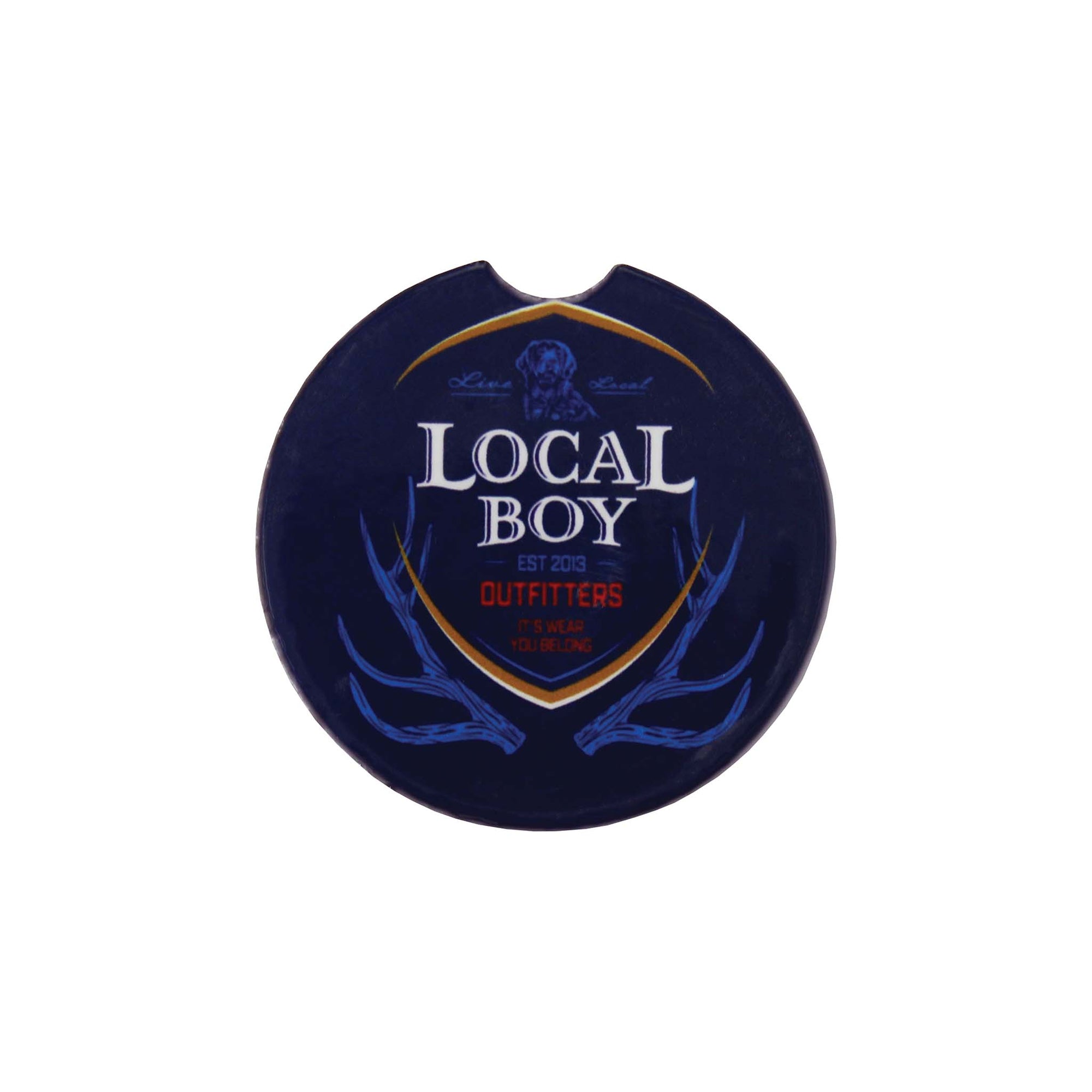 Navy blue car coaster with 'Local Boy Outfitters' branding on a white background