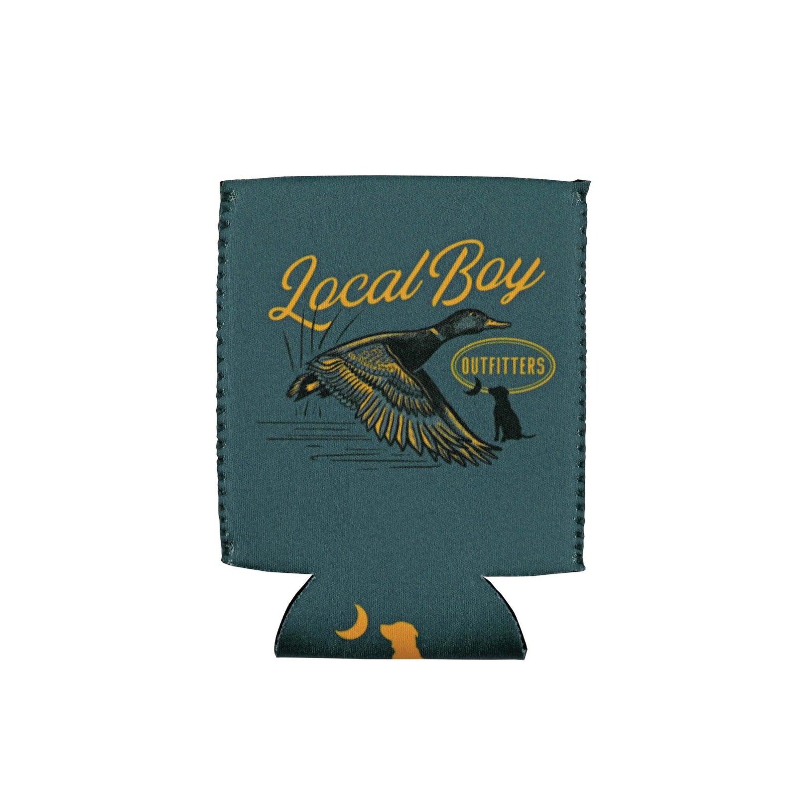 green neoprene regular can koozie with local boy outfitters logo and a flying mallard duck over a lake,.