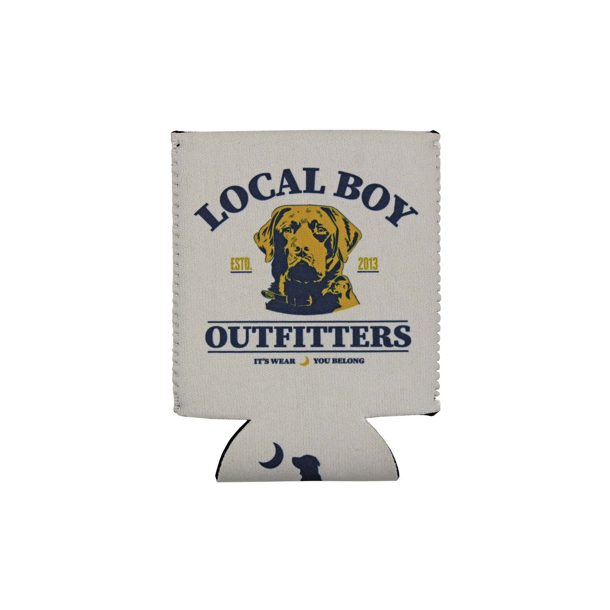Local Boy Outfitters regular can koozie in gray with logo around a silhouette of a labrador retriever.