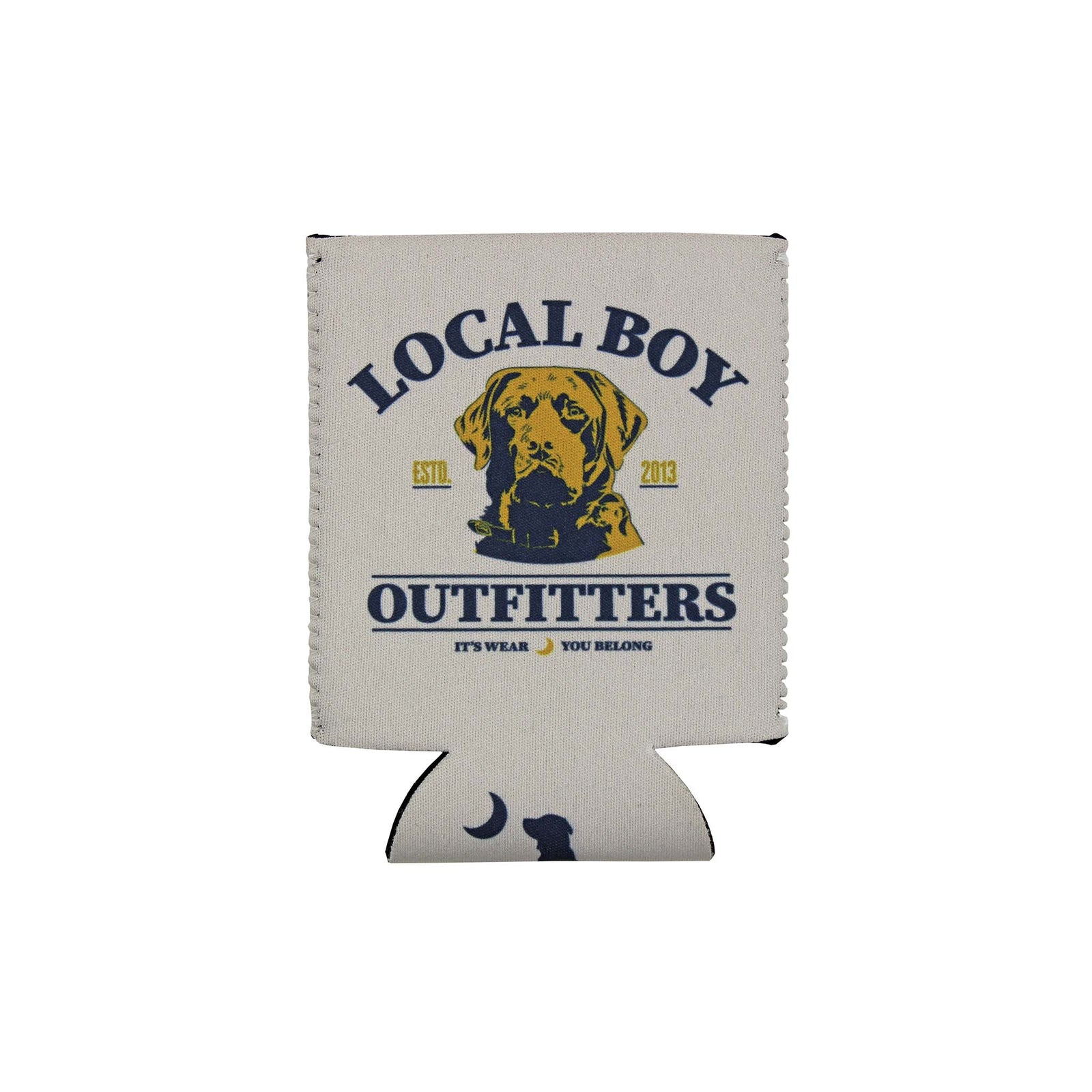 Local Boy Outfitters regular can koozie in gray with logo around a silhouette of a labrador retriever.