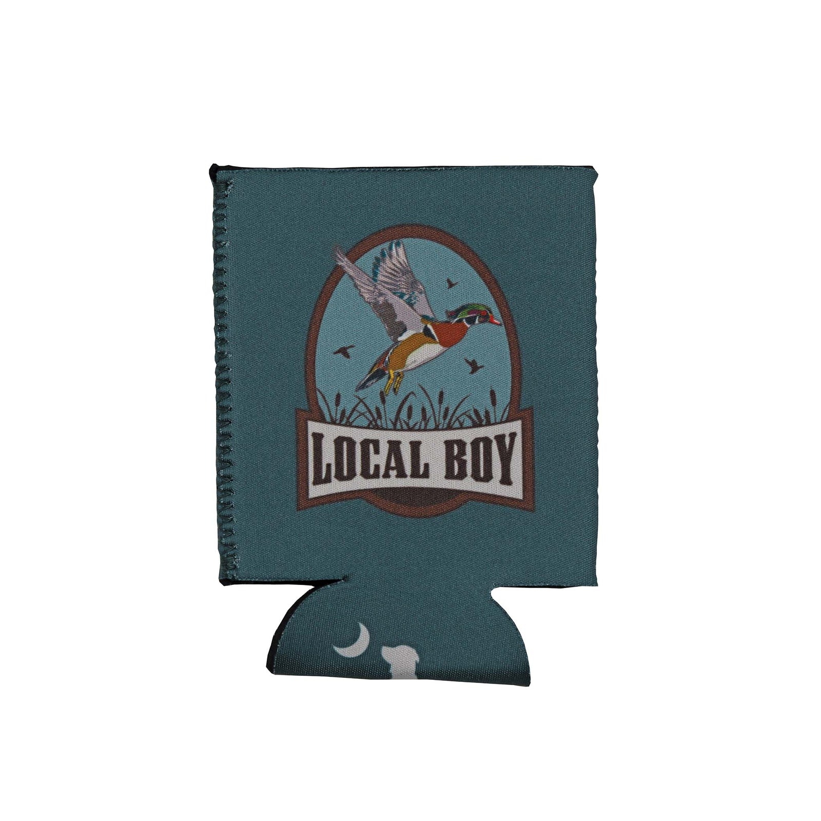 Teal green koozie with local boy outfitters logo and a mallard in flight.