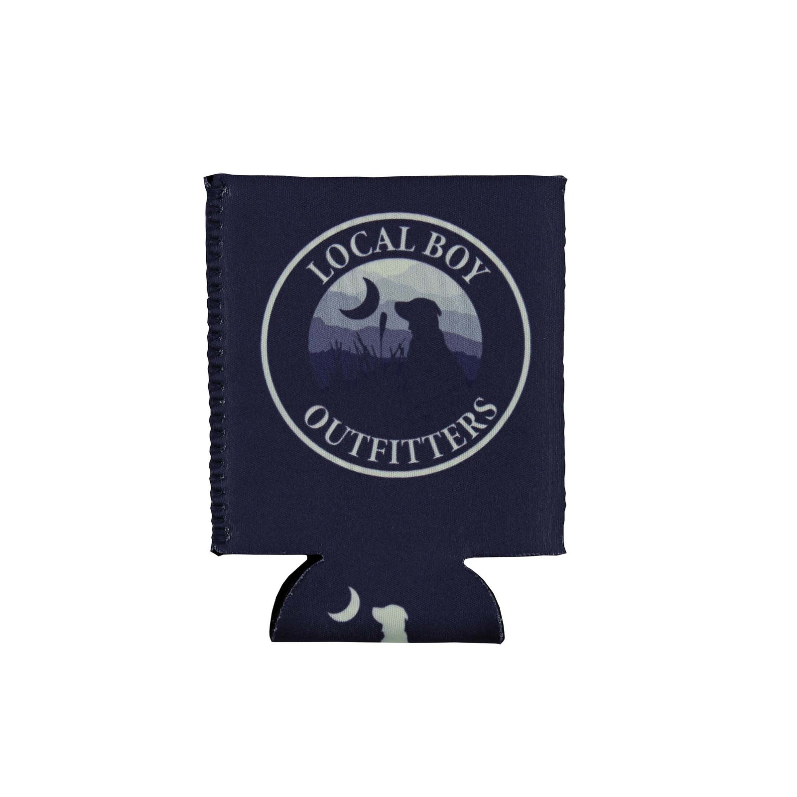 Navy can cooler with Local Boy Outfitters logo featuring a dog silhouette, crescent moon, and mountain scene in shades of blue and gray
